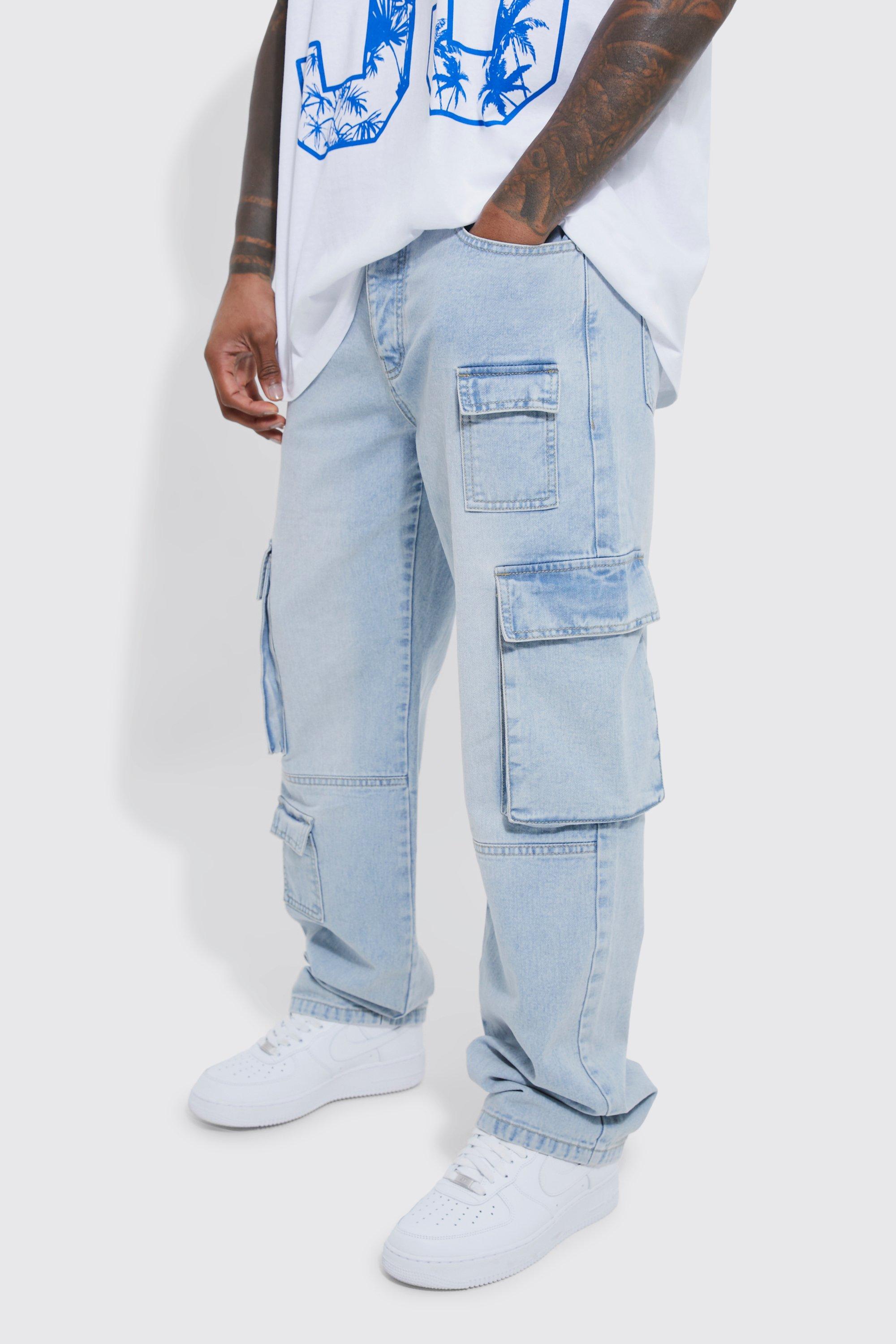 Mens Blue Relaxed Fit Cargo Jeans, Blue
